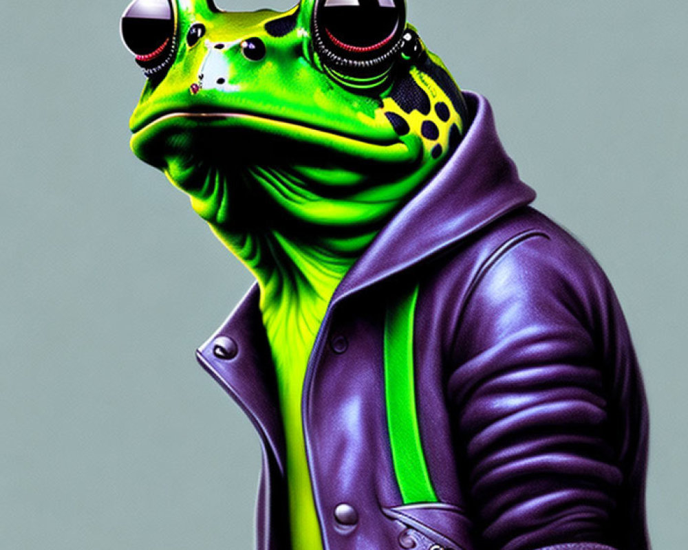 Stylized illustration of a frog in a purple leather jacket