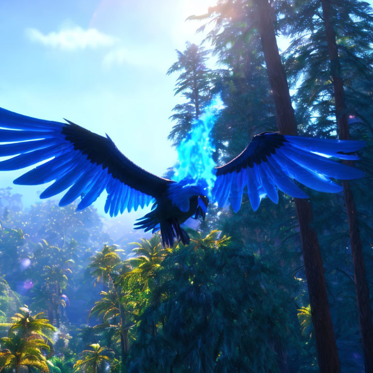Blue bird flying over sunlit forest with mystical glow