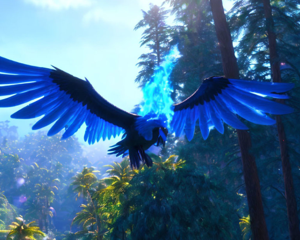 Blue bird flying over sunlit forest with mystical glow