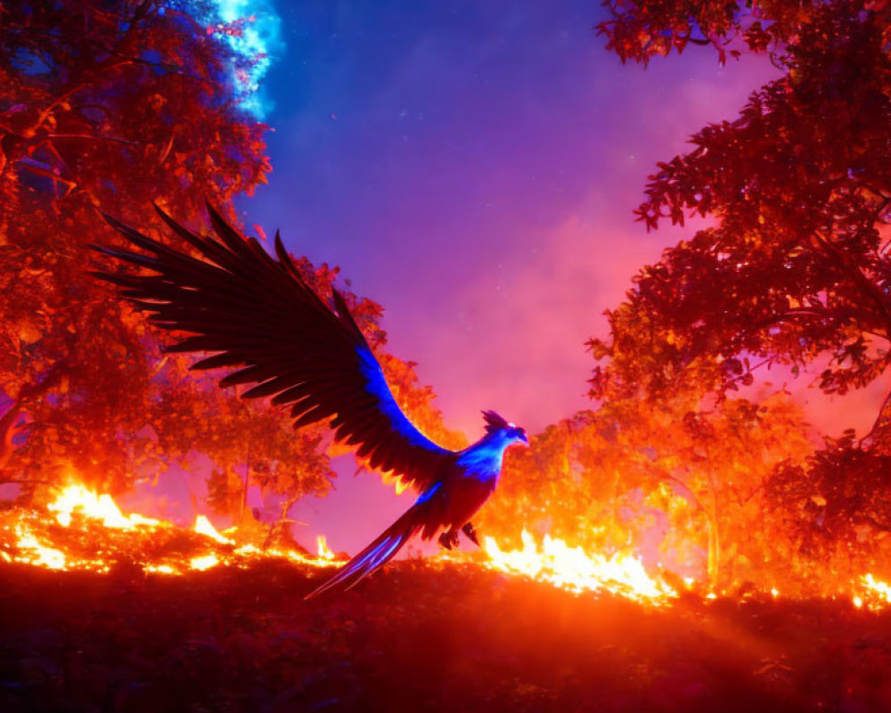 Colorful bird soaring over fiery forest at night
