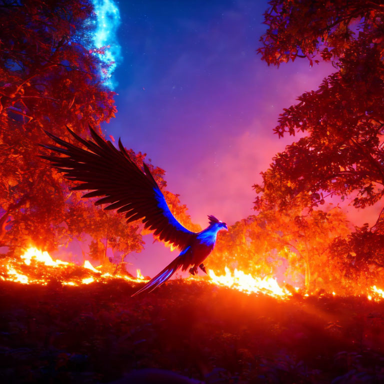Colorful bird soaring over fiery forest at night