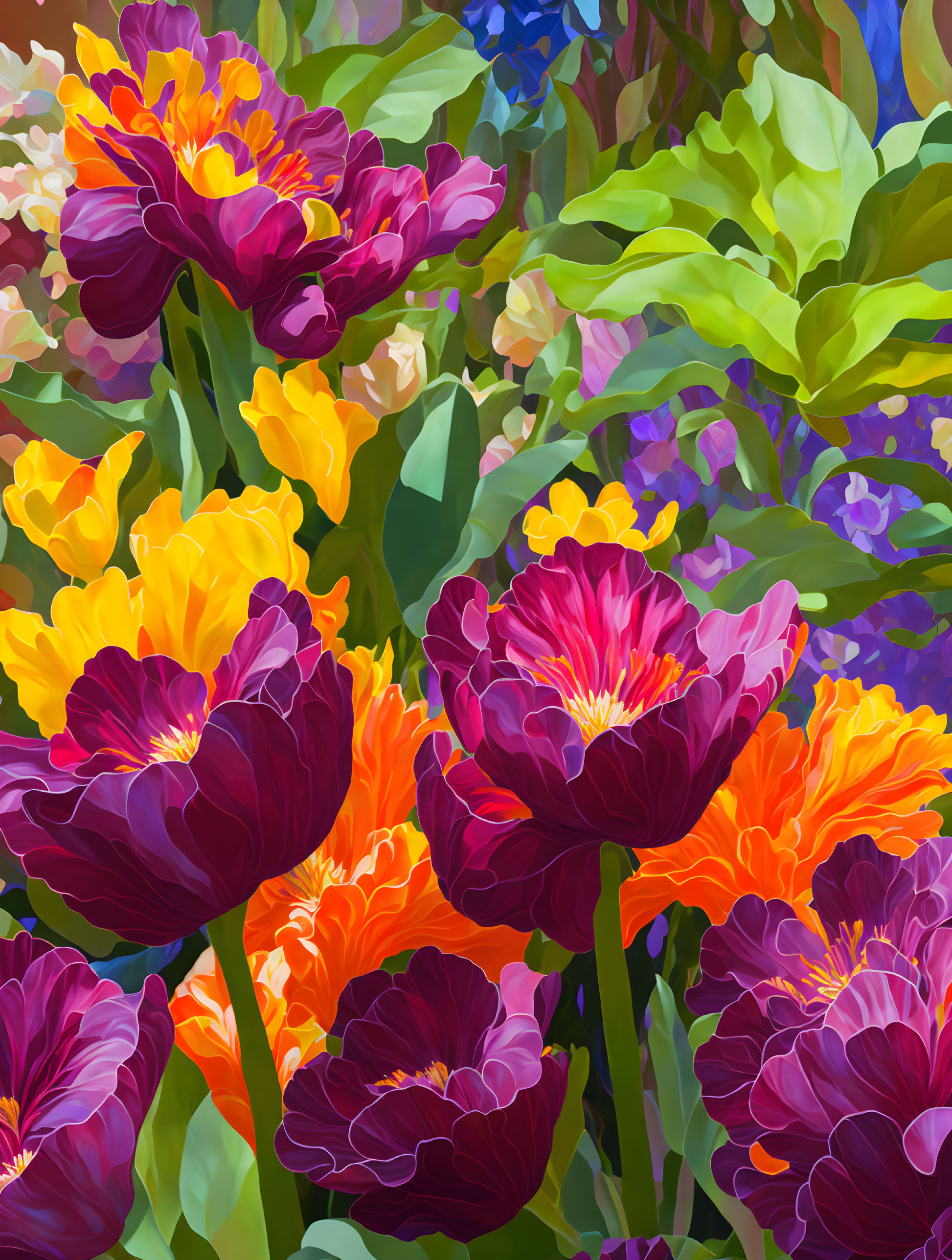 Colorful Digital Painting of Lush Tulips in Purples, Yellows, and Greens