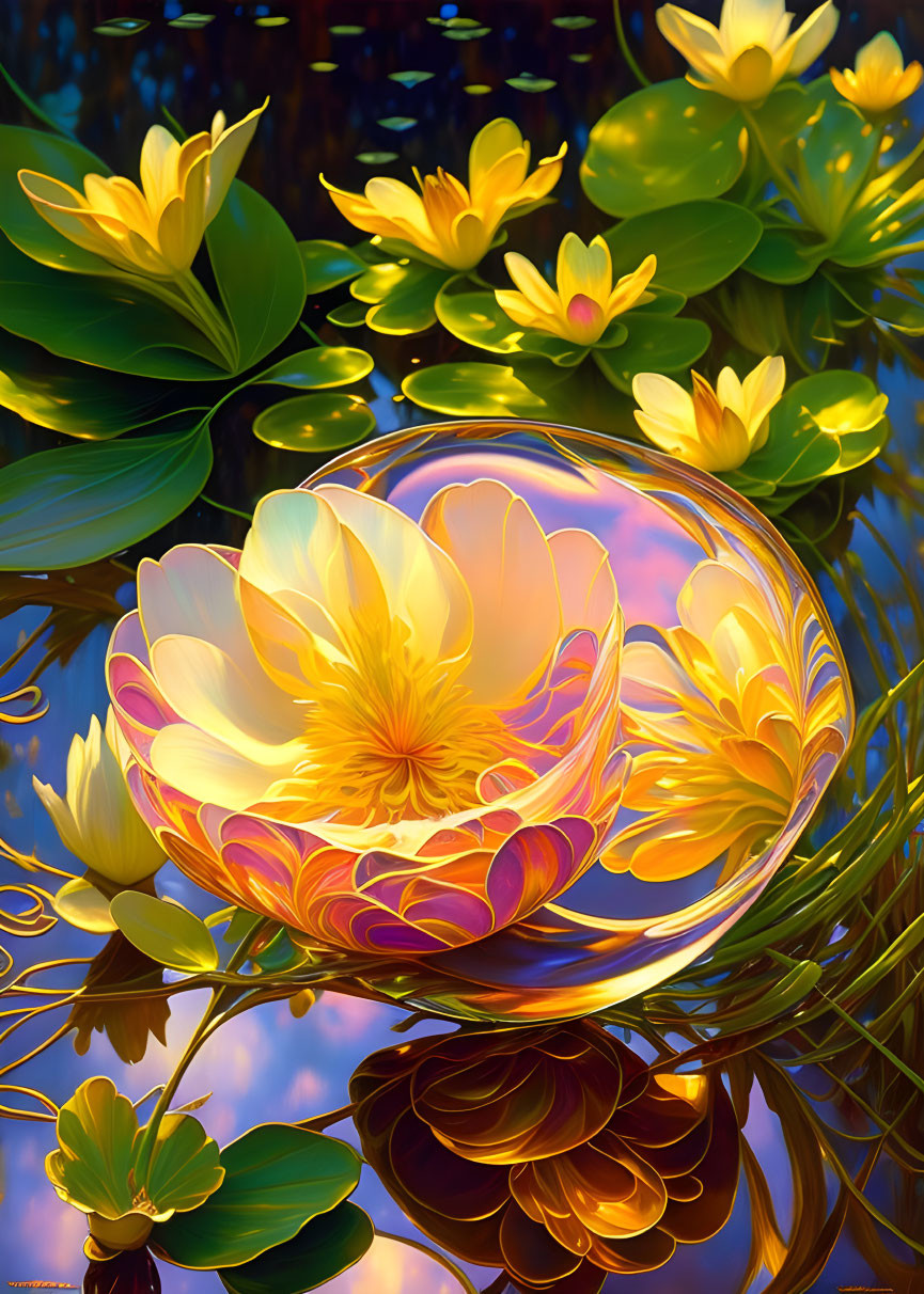 Digital Art: Yellow Lotus Flowers and Lily Pads on Water with Reflective Bubble