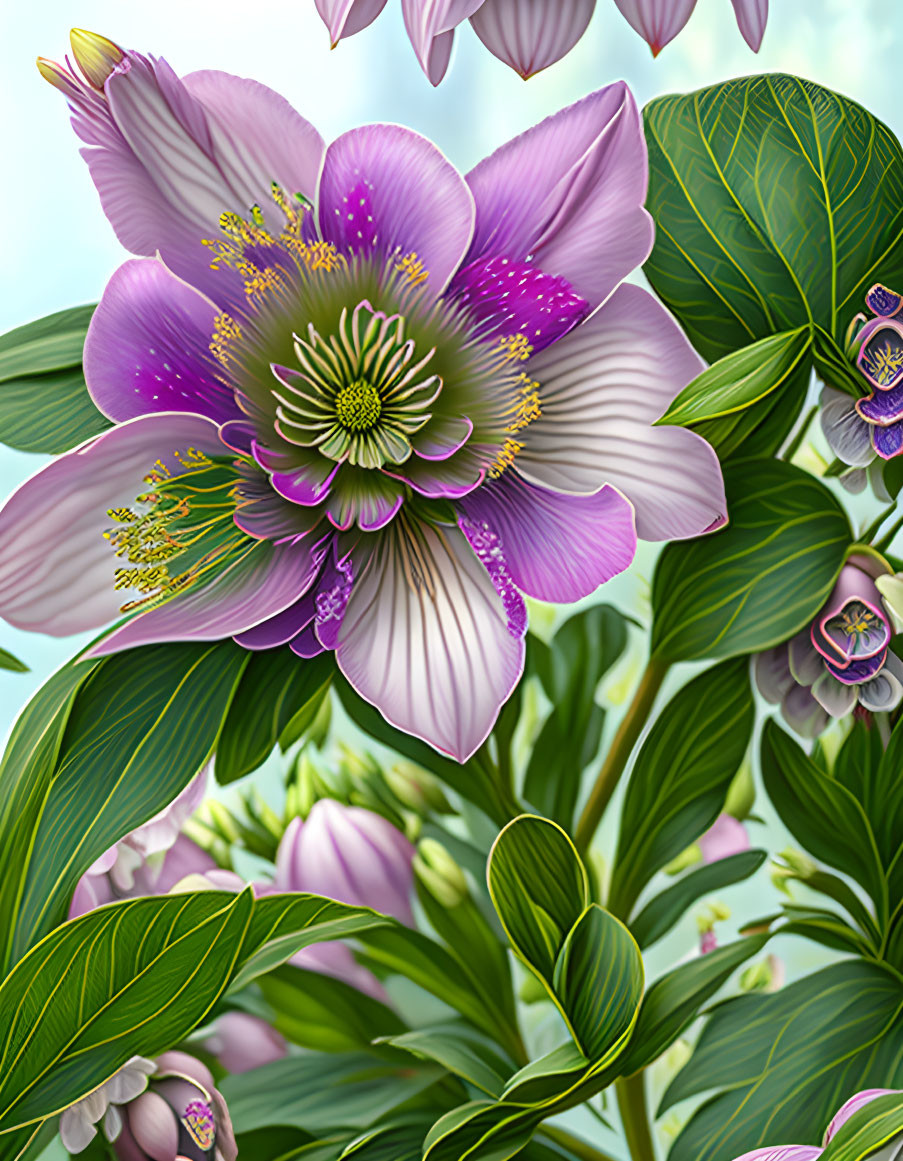 Detailed Purple Flowers Illustration with Yellow Pollen and Green Leaves