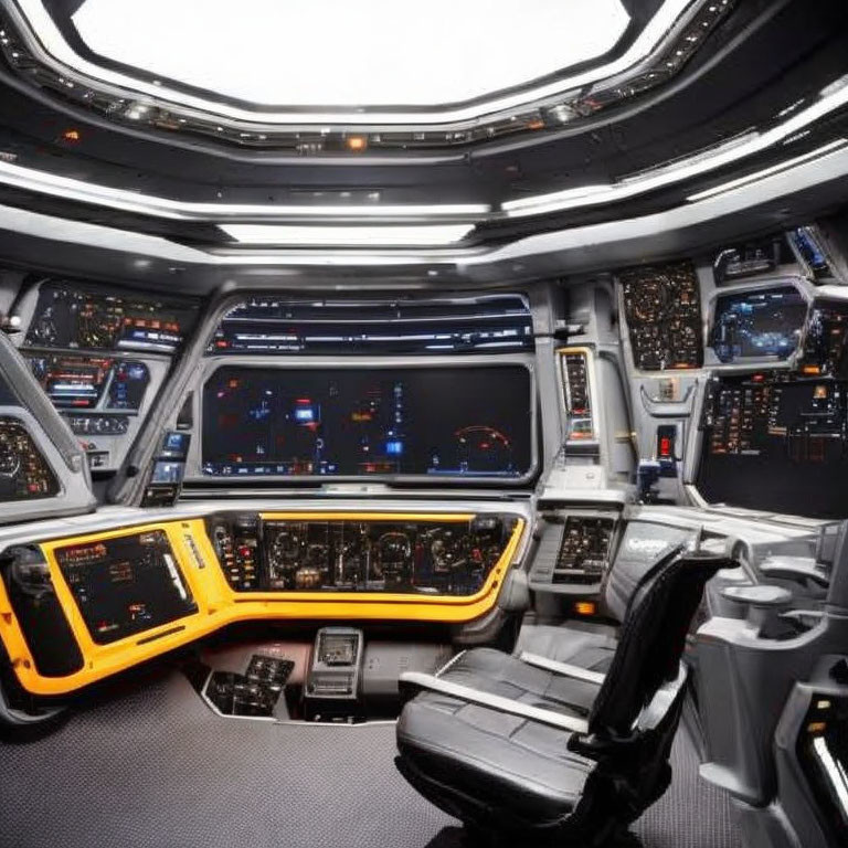 Futuristic spacecraft cockpit with curved console and illuminated panels