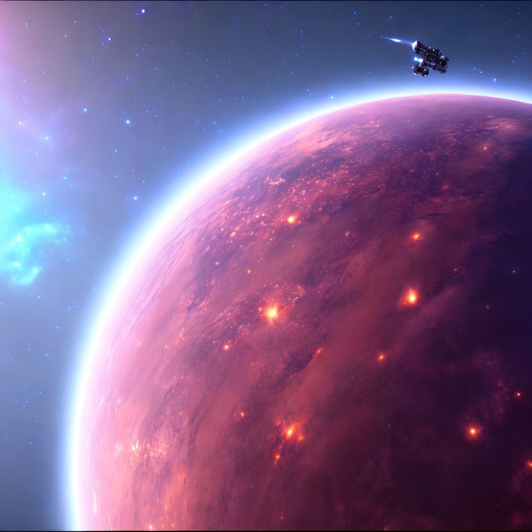Spaceship orbiting glowing red planet in cosmic backdrop