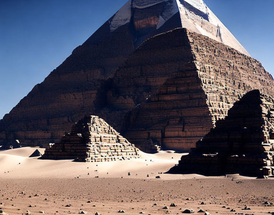 Digital composite: modern skyscraper meets ancient pyramid in desert
