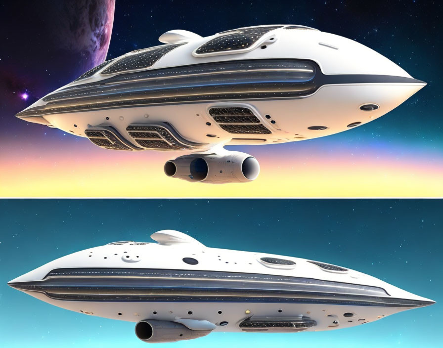 Futuristic white spaceship with black accents and thrusters on cosmic backdrop