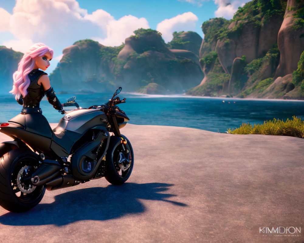 Pink-haired female character and motorcycle by coastal cliffs.