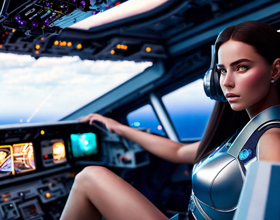 Futuristic female android pilot in spacecraft cockpit with glowing elements and space view