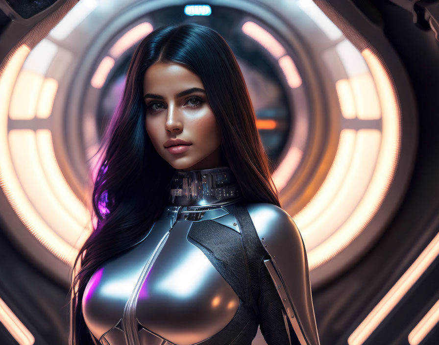 Futuristic woman with metallic collar by sci-fi circular doorway