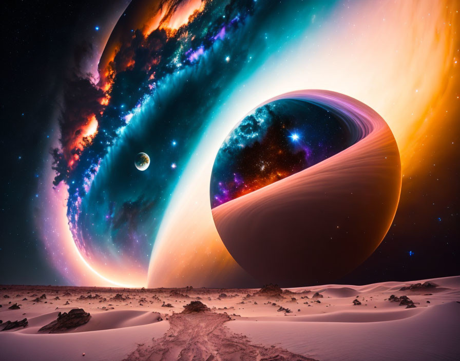 Vivid cosmic desert scene with oversized planets and colorful nebulae