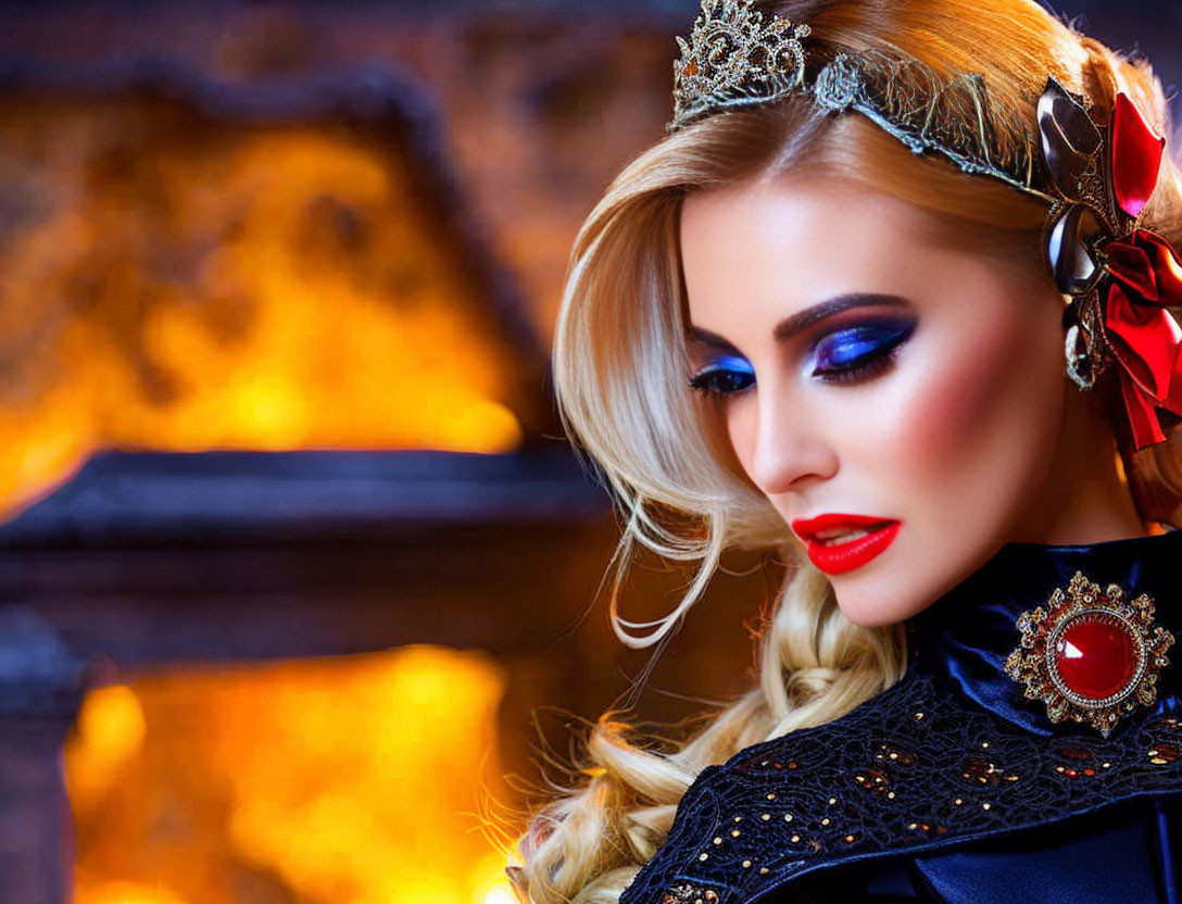 Elegant woman with tiara and glamorous makeup in dramatic lighting pose by fireplace