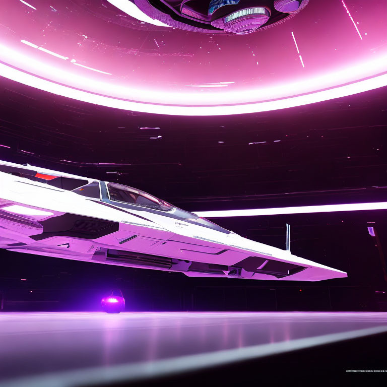 Futuristic white spaceship in purple-lit hangar