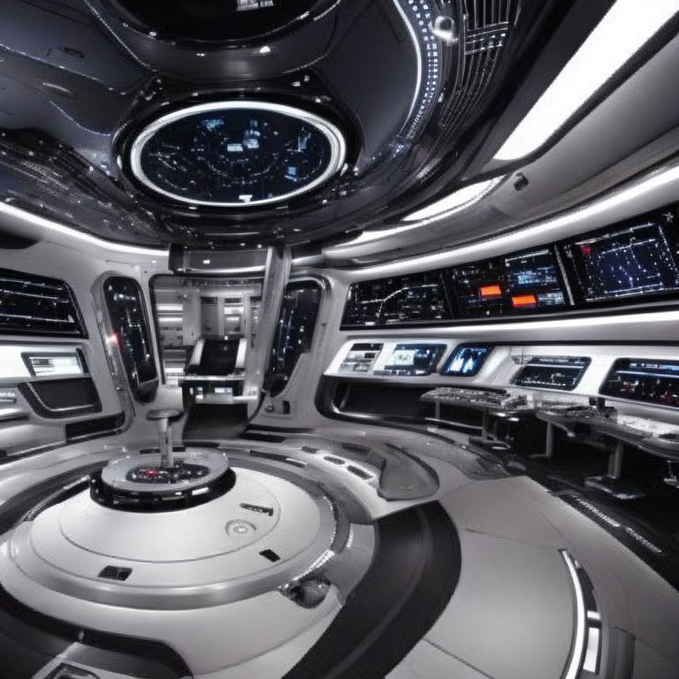 Futuristic spaceship bridge with control panels and star chart screens