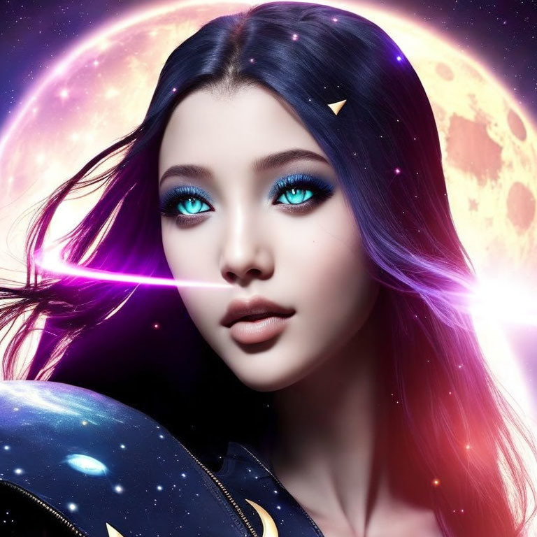 Digital artwork: Woman with blue eyes and black hair in cosmic scene