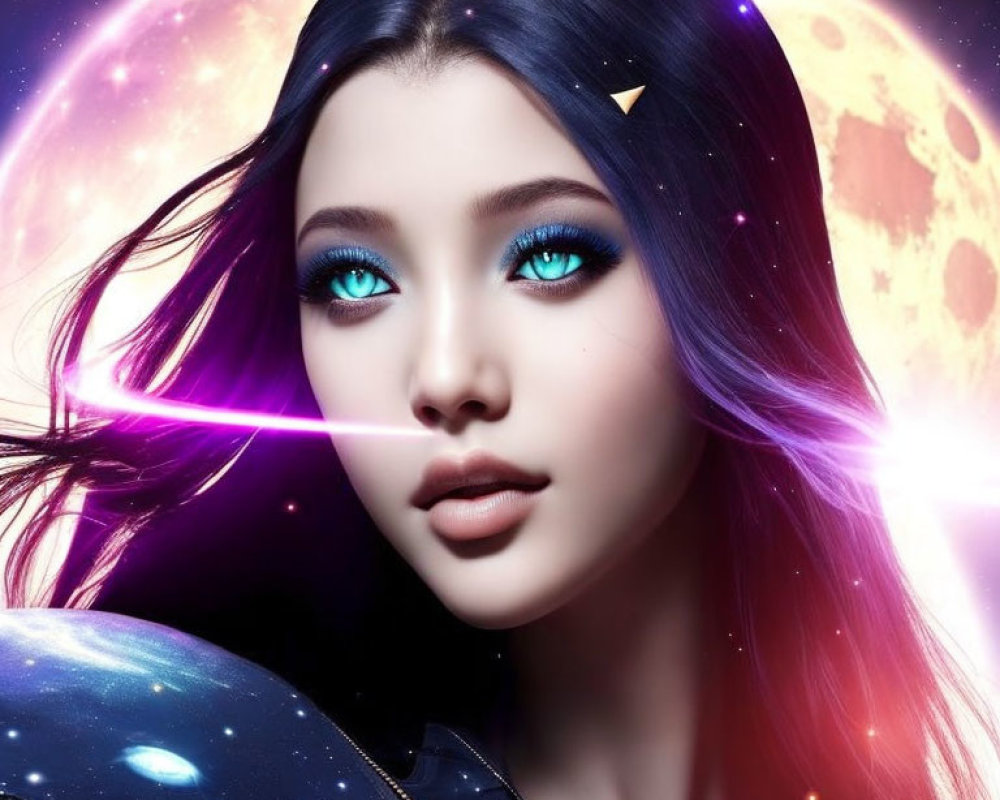 Digital artwork: Woman with blue eyes and black hair in cosmic scene