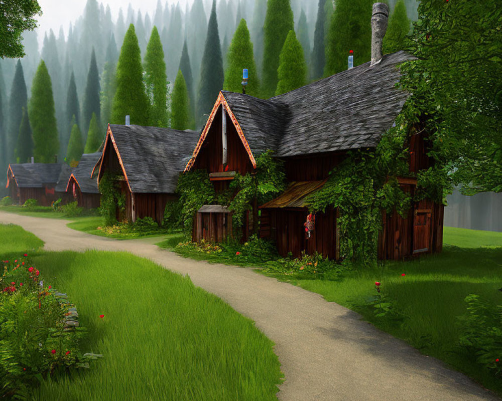 Rustic wooden cottages in lush green forest with moss-covered roofs