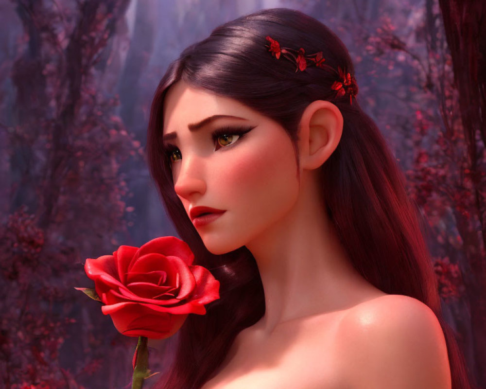 Digital art portrait of young woman with dark hair and red flowers, holding a rose, in mystical forest
