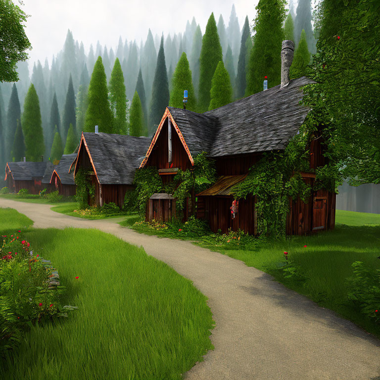 Rustic wooden cottages in lush green forest with moss-covered roofs