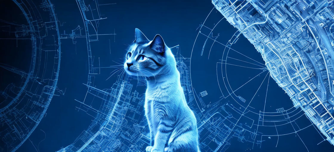 Futuristic blue cityscape with cat and architectural diagrams