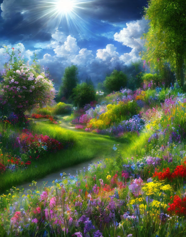 Lush Garden Pathway with Colorful Flowers and Sunshine