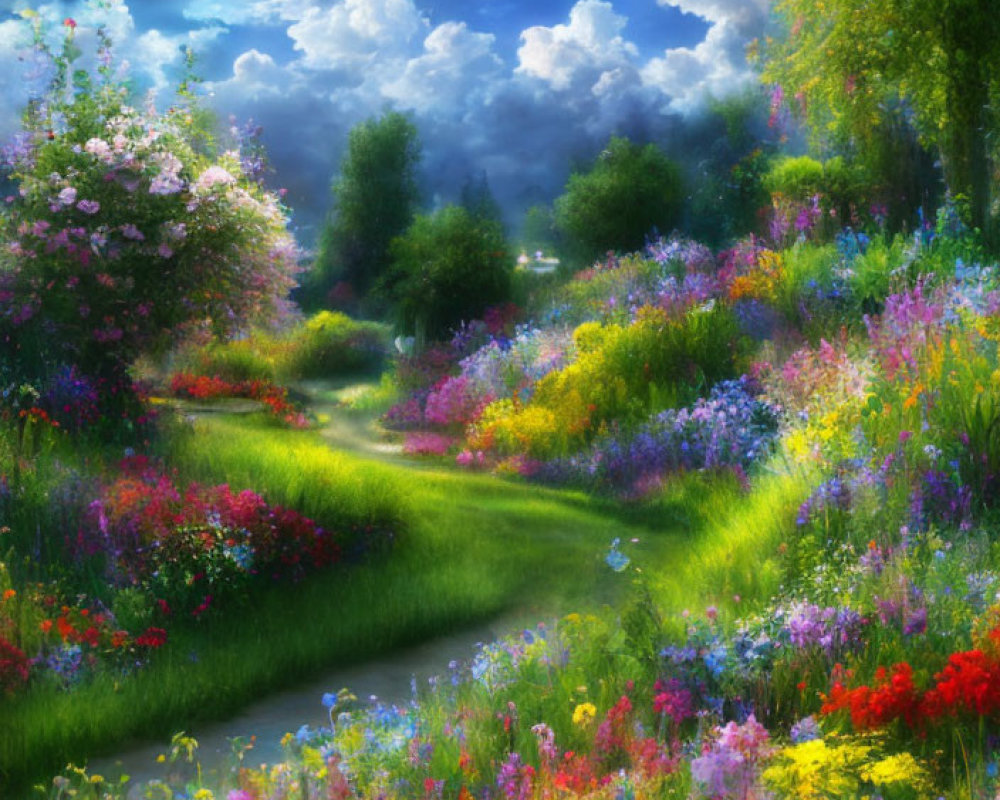 Lush Garden Pathway with Colorful Flowers and Sunshine