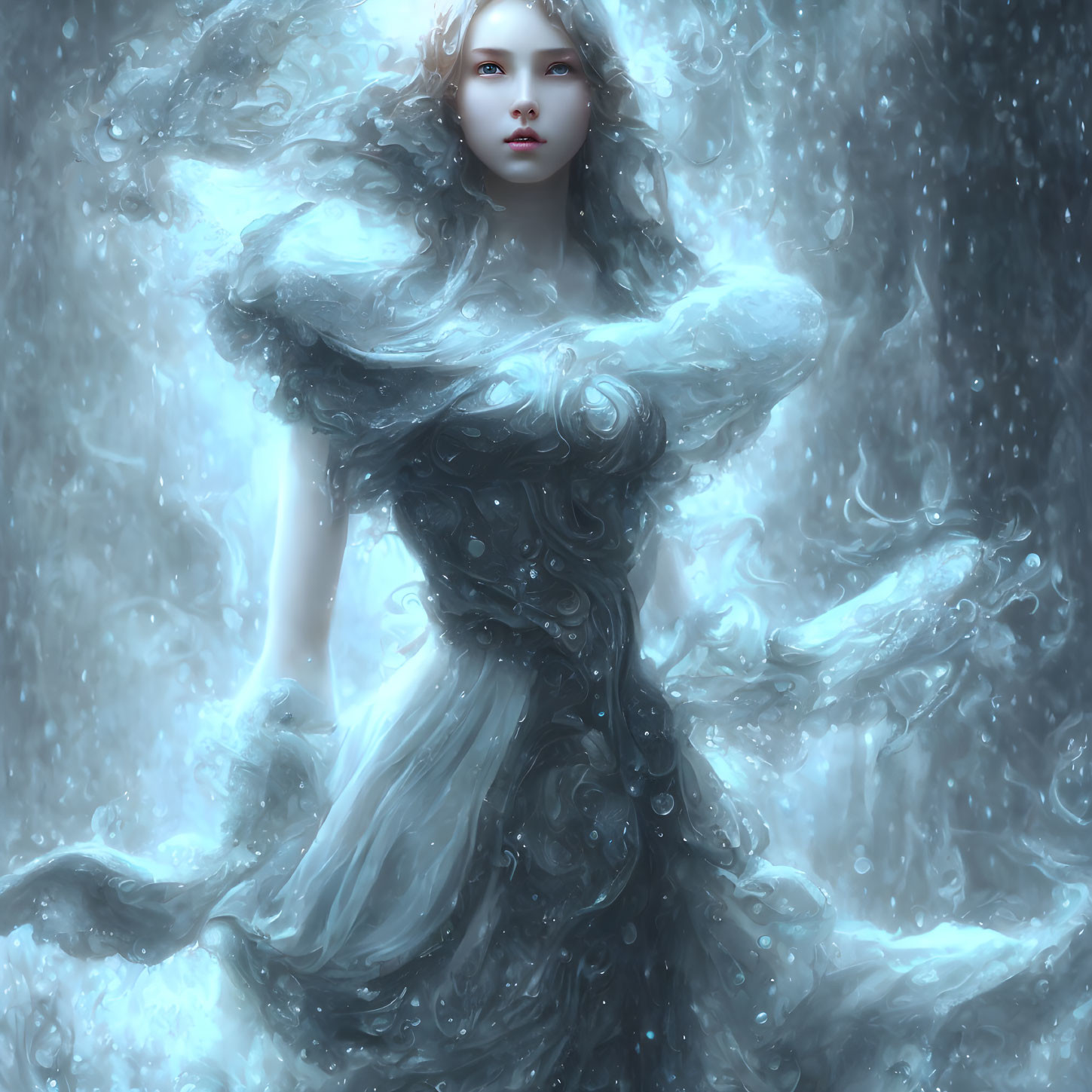 Woman in elegant dress surrounded by magical ice and snow swirls