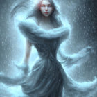 Woman in elegant dress surrounded by magical ice and snow swirls