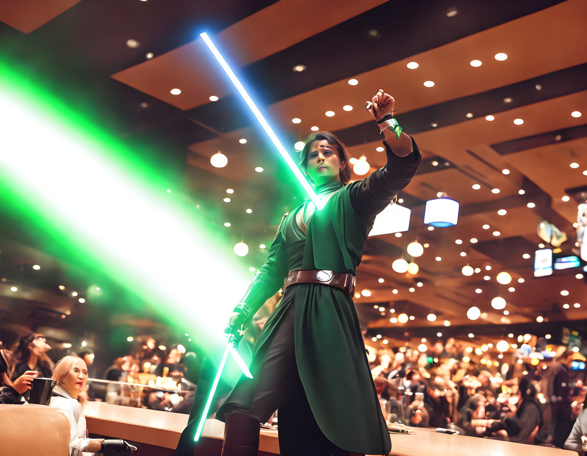 Person in Jedi attire with green lightsaber in warm, crowded room