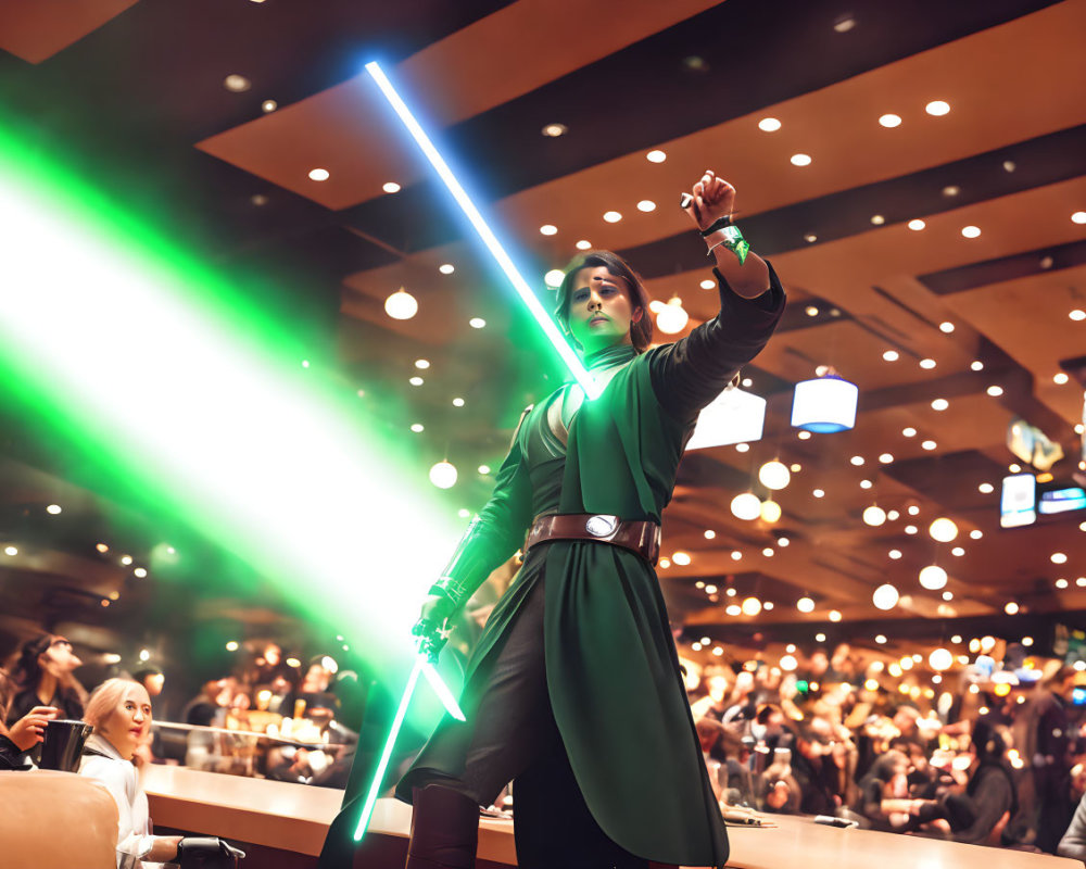 Person in Jedi attire with green lightsaber in warm, crowded room