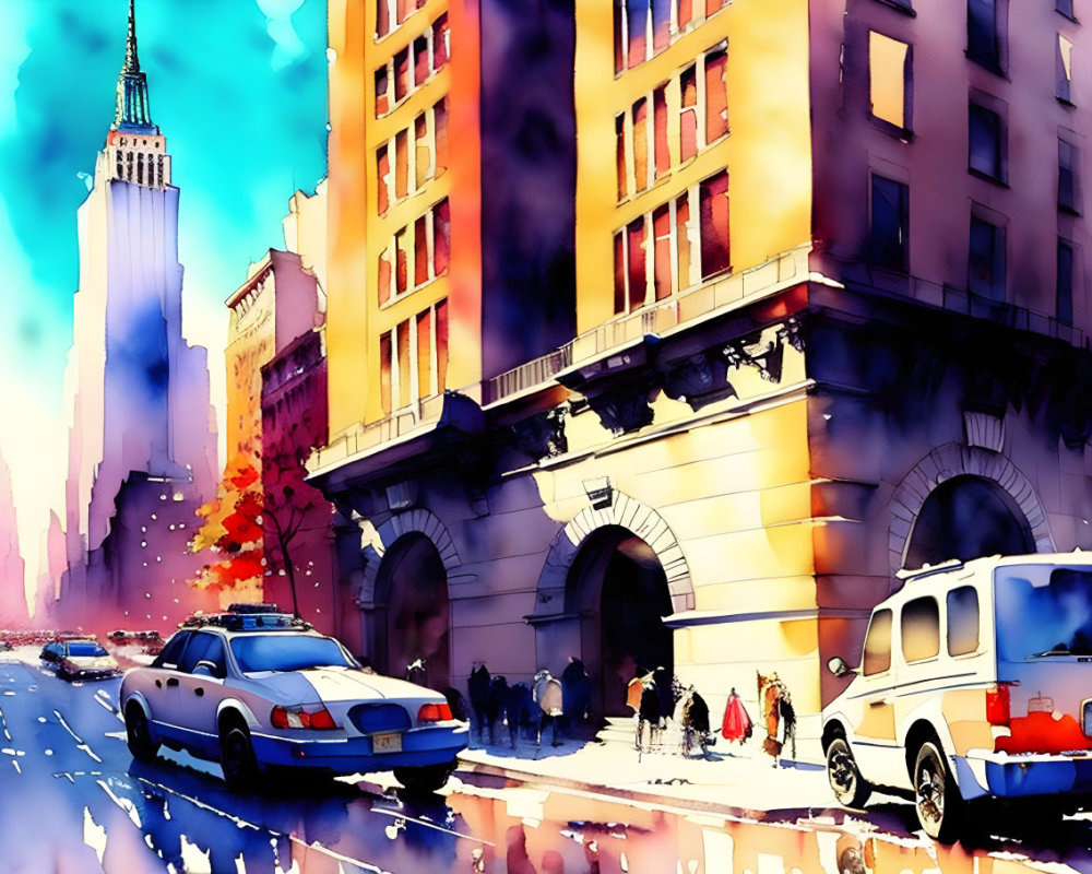 Vibrant city street scene with vehicles, pedestrians, and tall buildings