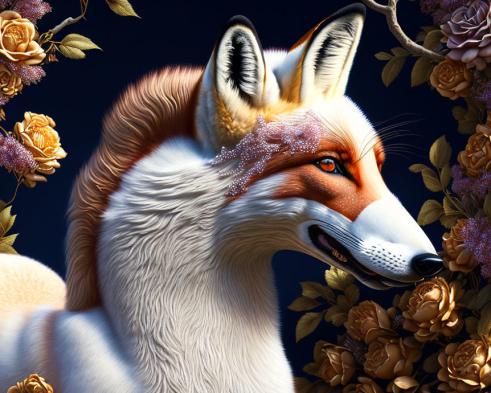 Detailed digital art: Majestic fox with golden roses on dark blue.