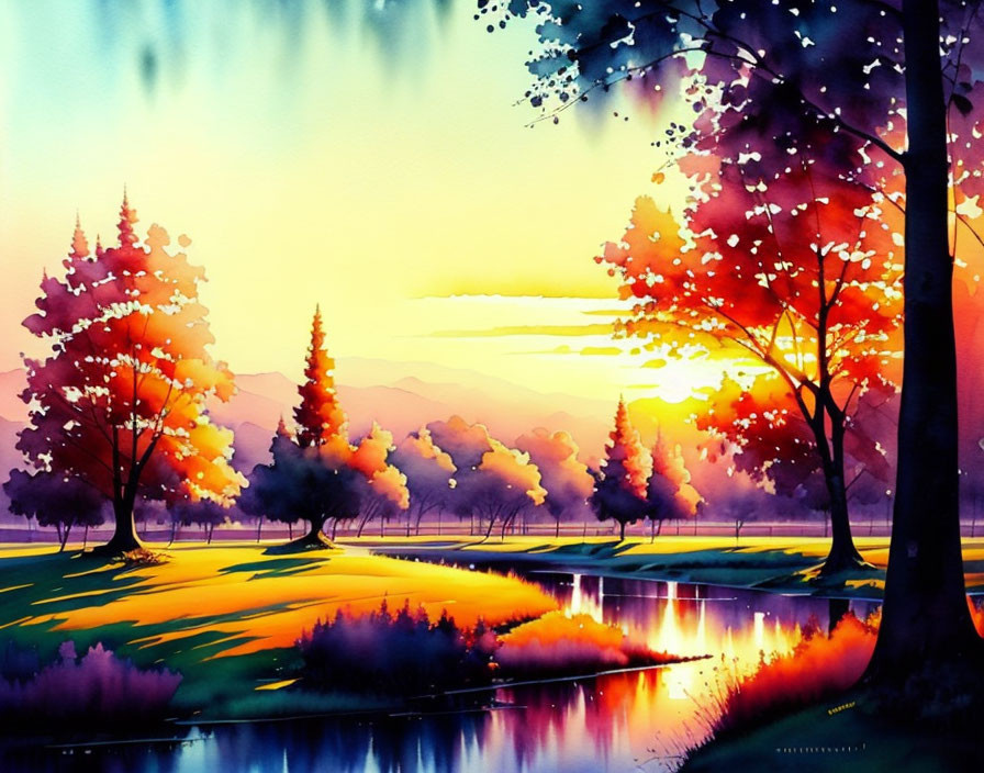 landscape with trees and sunset