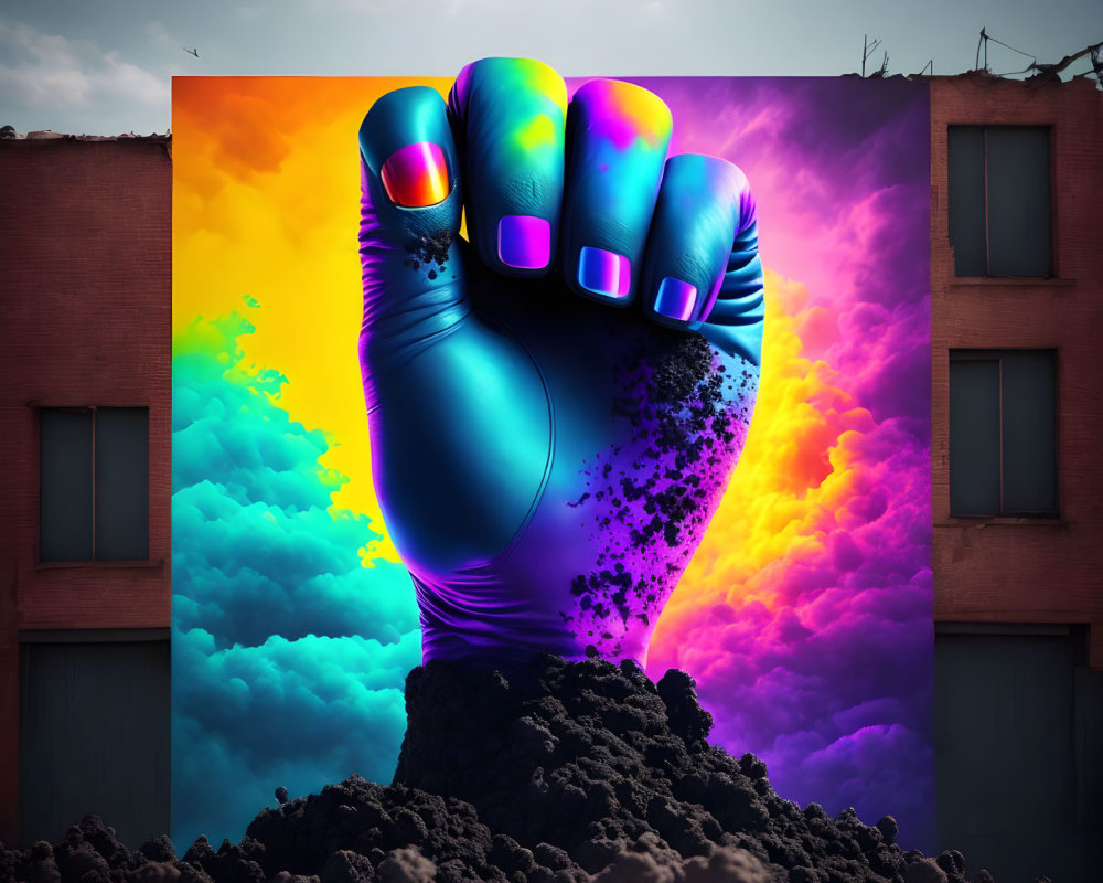Colorful mural featuring rising fist between buildings in pink, blue, and purple hues