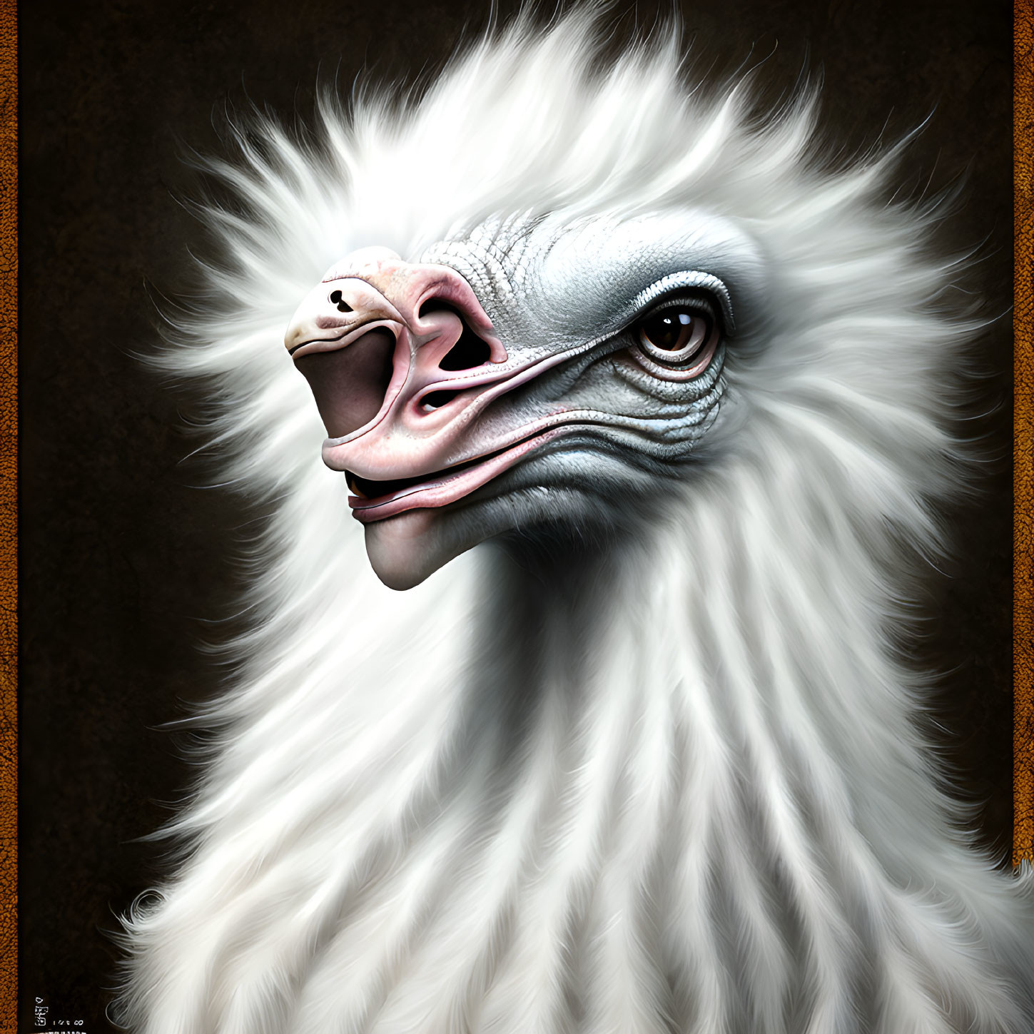 Detailed digital portrait of a fluffy white ostrich with long neck and open beak on brown background
