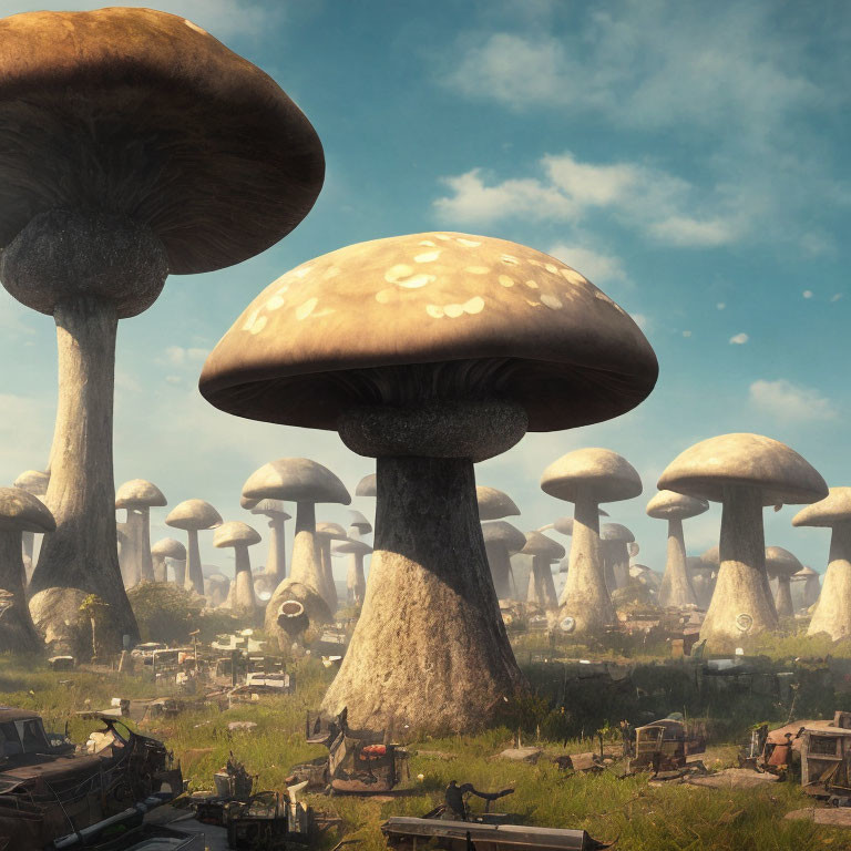 Giant mushroom-like structures in deserted landscape with abandoned machinery