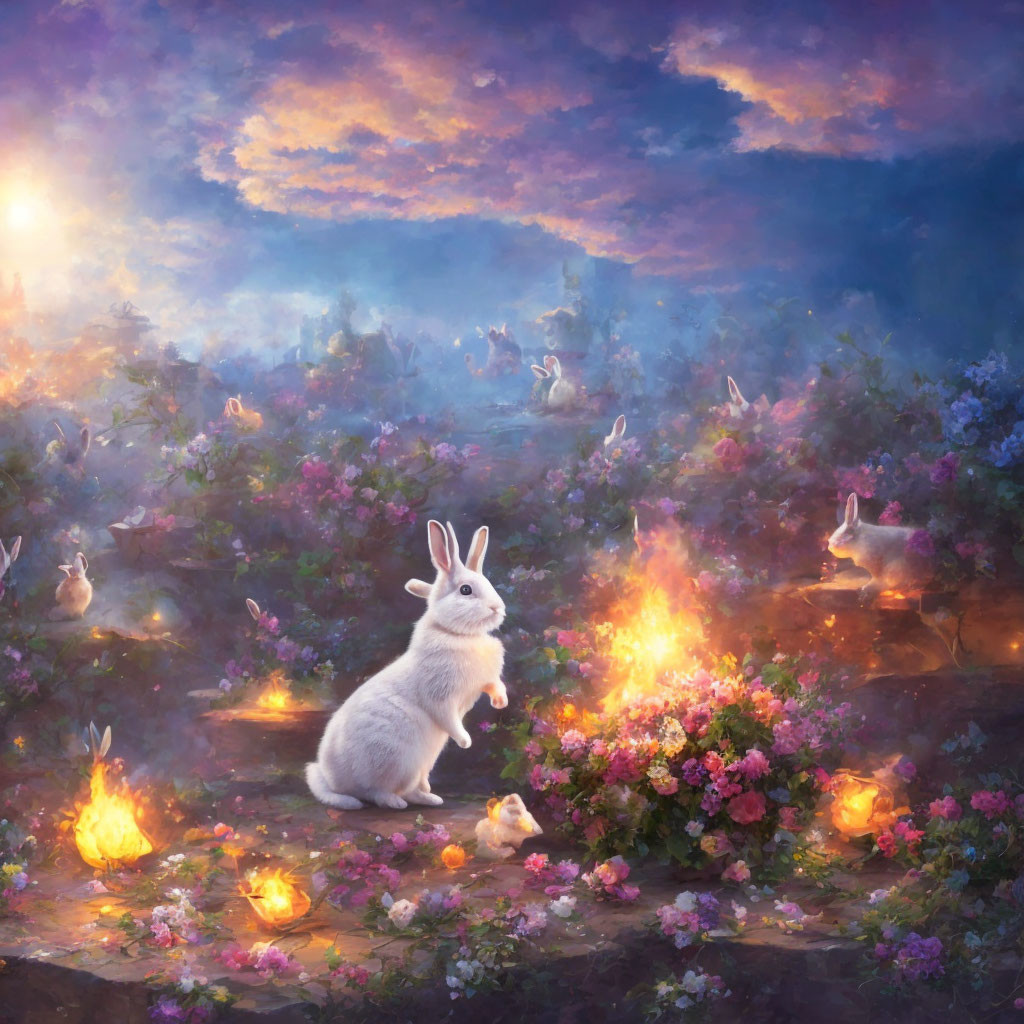 Fantastical scene featuring white rabbits, luminous flowers, and gentle flames at twilight