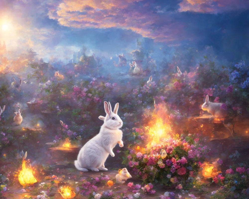 Fantastical scene featuring white rabbits, luminous flowers, and gentle flames at twilight