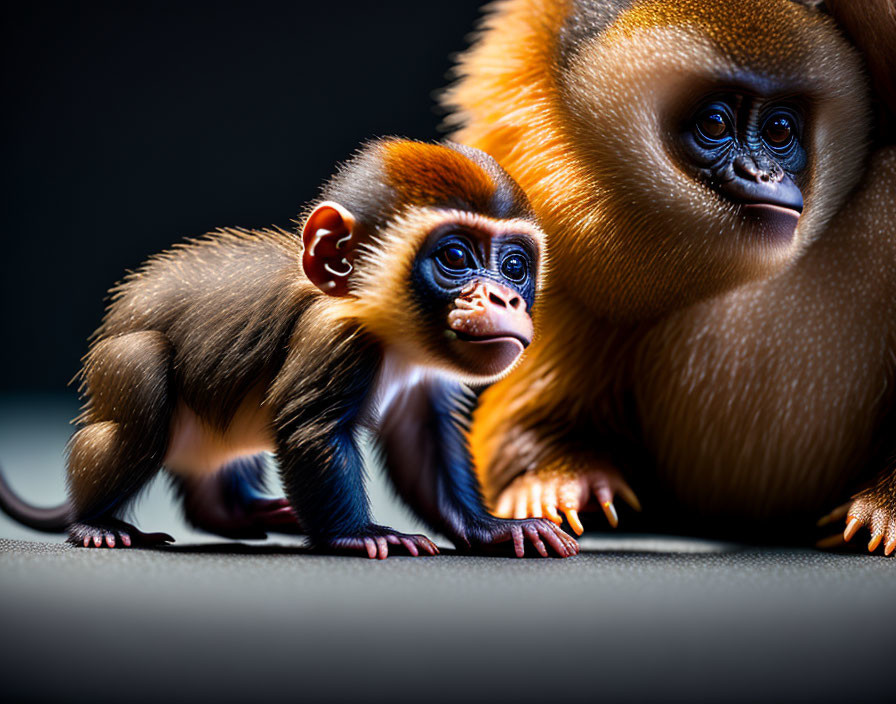 Baby and adult monkeys with blue facial features on dark background