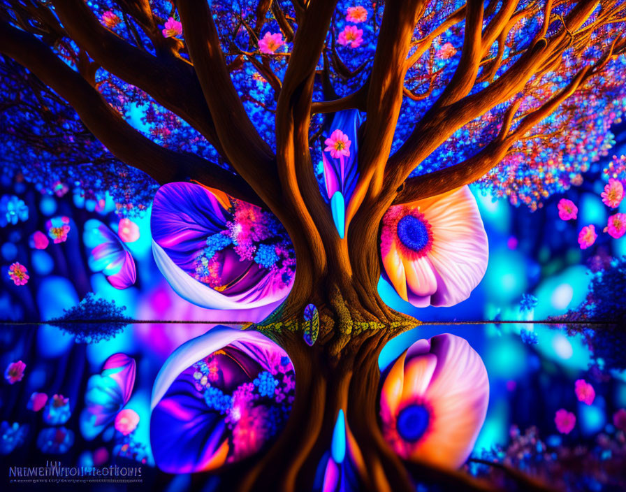 Colorful digital artwork: Whimsical neon tree on dark blue background