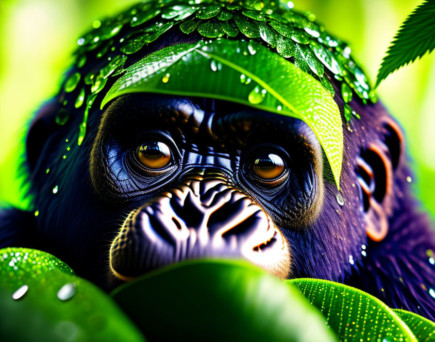 Gorilla's face close-up among green leaves with water droplets