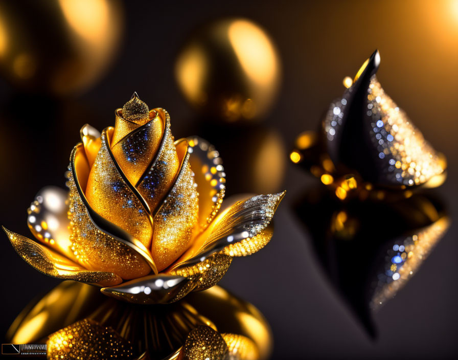 Golden Glittering Lotus Flower and Spheres on Dark Background