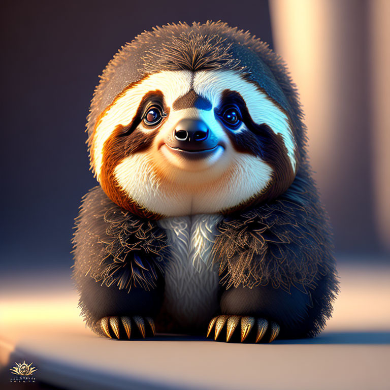 Cheerful anthropomorphic sloth illustration with big eyes and fluffy coat