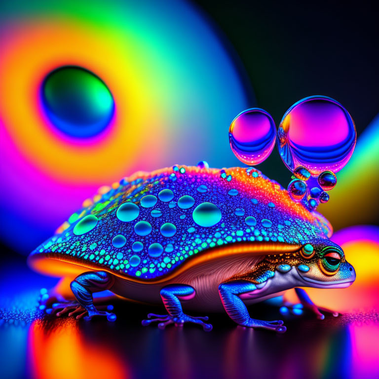 Colorful Digital Artwork: Stylized Frog with Water Droplets in Bright Circles