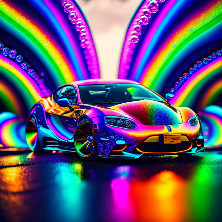 Colorful Neon-Lit Sports Car with Iridescent Paint Job and Rainbow Arches