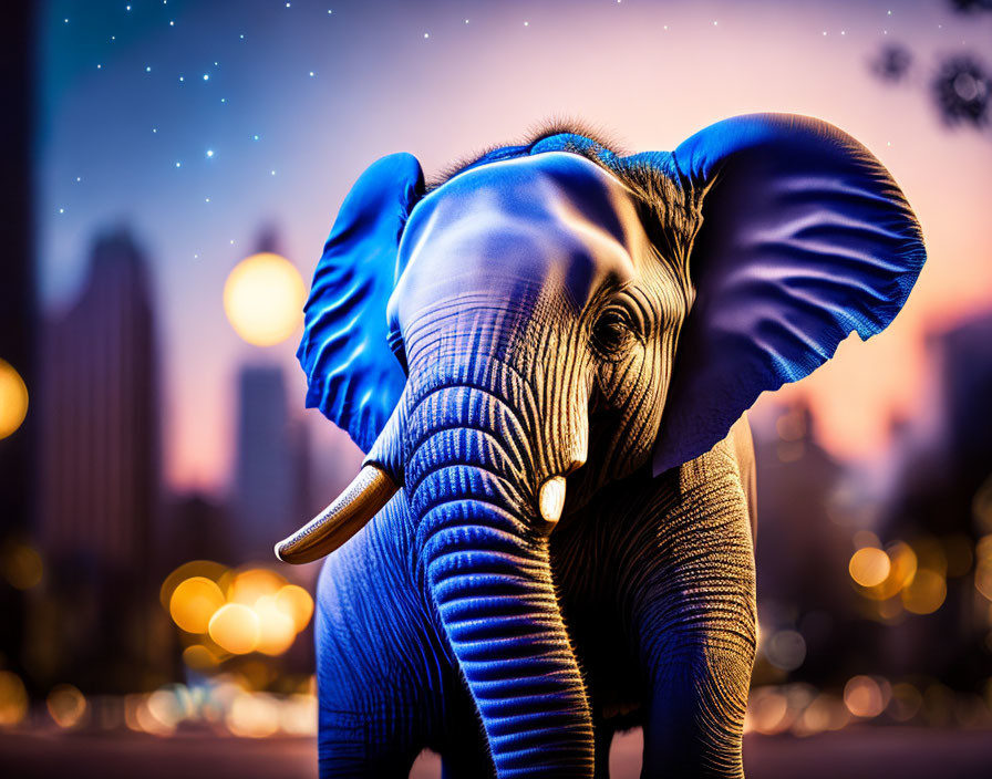 Vibrant blue elephant in cityscape at dusk with starry sky