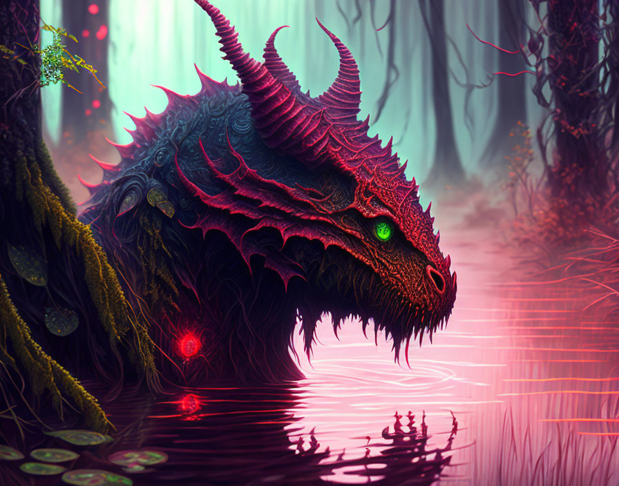 Fantasy dragon artwork: Red scales, green eyes, foggy pink waterway in mystical forest