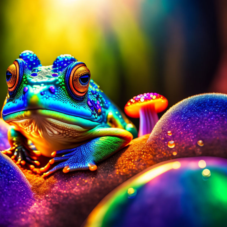 Colorful Frog with Blue Skin and Orange Eyes on Multicolored Bubbles, Rainbows, and