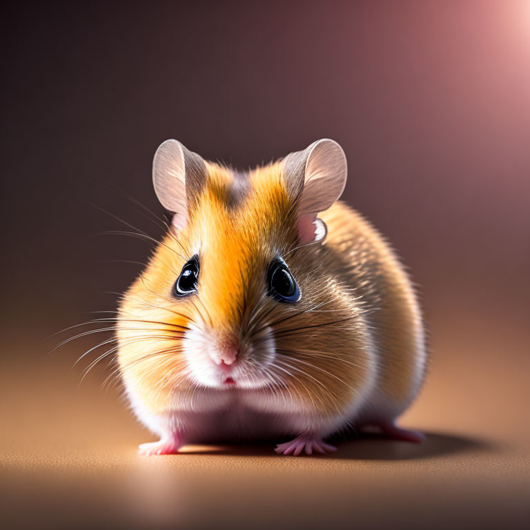 Golden-brown hamster with large black eyes on soft-focus brown background